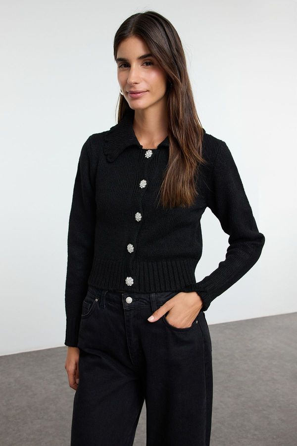 Trendyol Trendyol Black Crop Soft Texture Jeweled Button Knit Cardigan