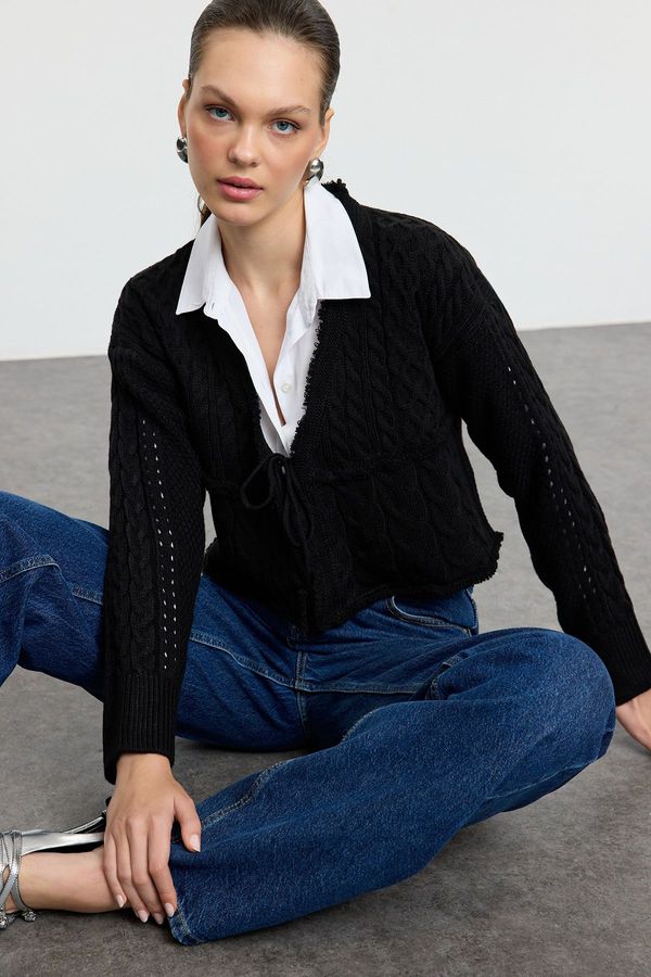 Trendyol Trendyol Black Crop Tie Detail Knitwear Cardigan