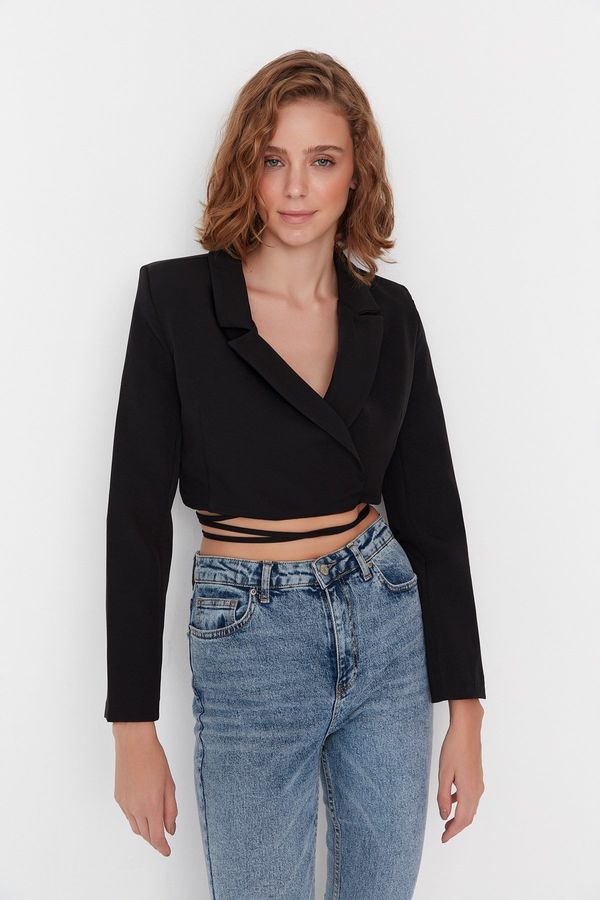 Trendyol Trendyol Black Crop Woven Lined Double Breasted Closure Blazer Jacket