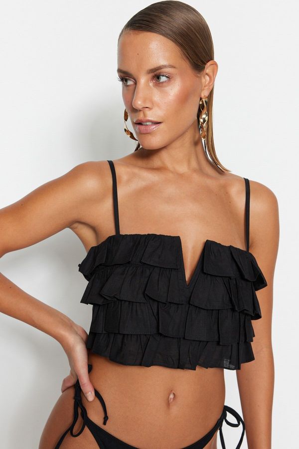 Trendyol Trendyol Black Crop Woven Ruffled 100% Cotton Blouse