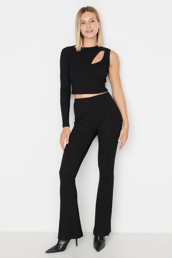 Trendyol Trendyol Black Cut Out Detailed Single Sleeve Ribbed Flexible Knit Top-Upper Set