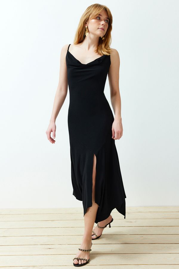 Trendyol Trendyol Black Degaje Collar Strap Body-Fitting Slit Flexible Knitted Midi Dress