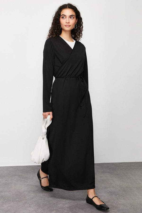 Trendyol Trendyol Black Double Breasted Collar Belted Plain Knitted Prayer Dress