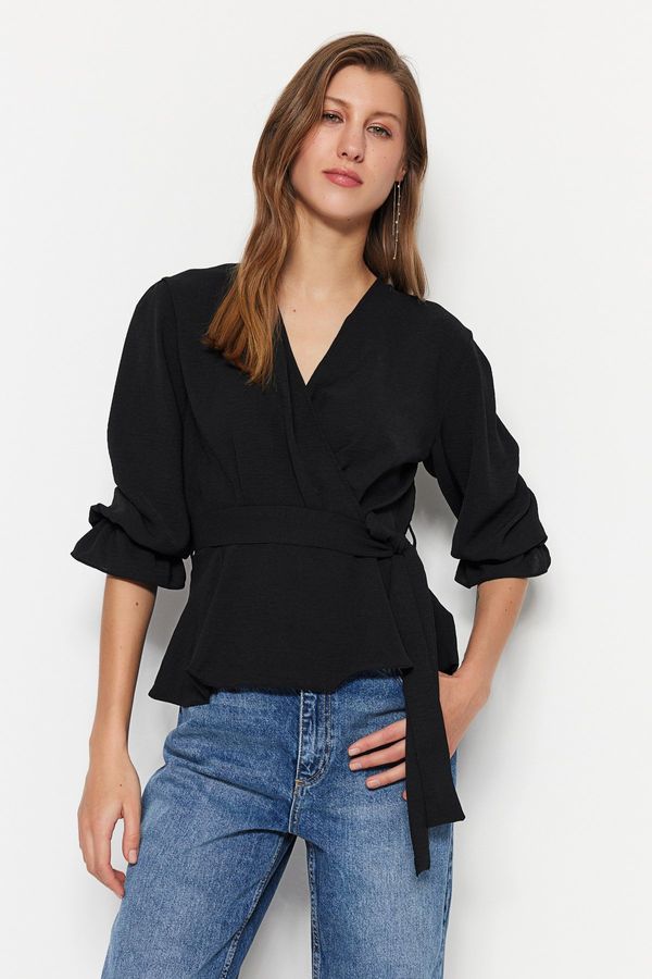 Trendyol Trendyol Black Double Breasted Woven Belted Blouse
