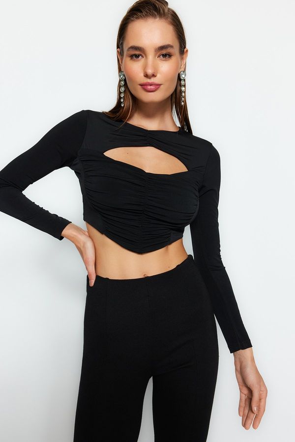 Trendyol Trendyol Black Draped Window/Cut Out Detail Knitted Blouse