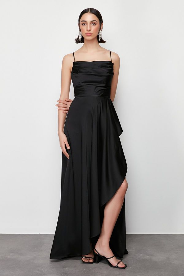 Trendyol Trendyol Black Draped Woven Satin Long Evening Evening Dress