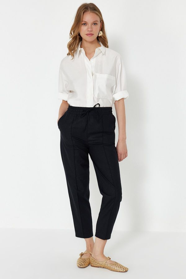 Trendyol Trendyol Black Elastic Waist Linen Blend Woven Trousers