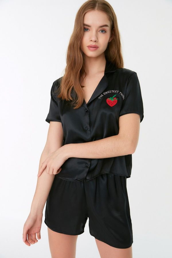 Trendyol Trendyol Black Embroidered Satin Shirt-Shorts Woven Pajama Set