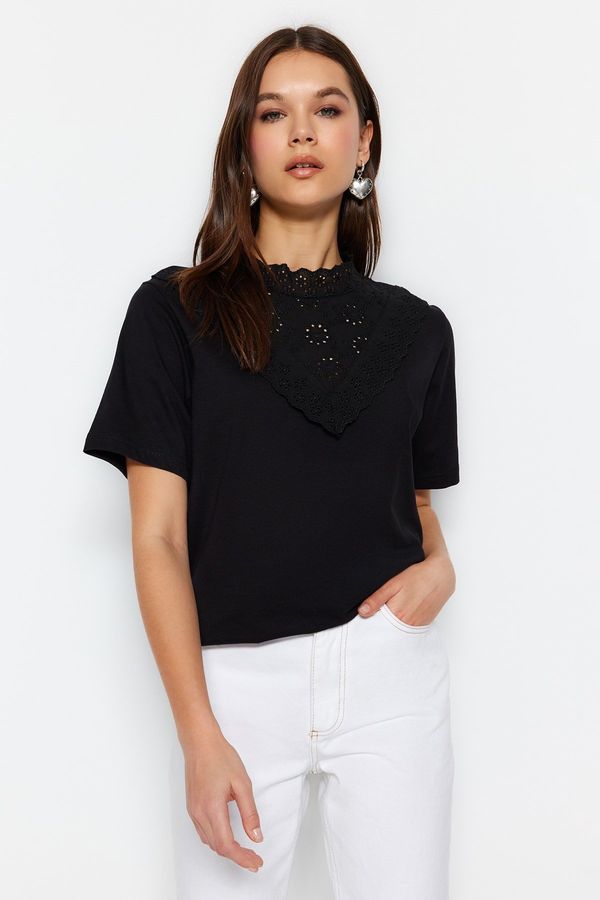 Trendyol Trendyol Black Embroidered Stand-Up Collar Basic Shirt and Knitted Cotton Knitted Blouse