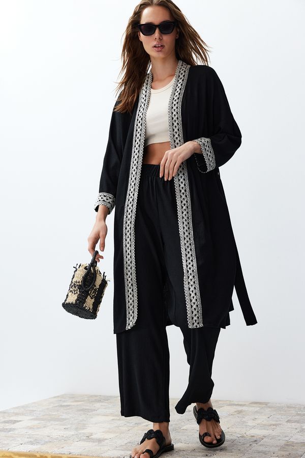 Trendyol Trendyol Black Embroidery Detailed Kimono Trousers Woven Bottom-Top Set