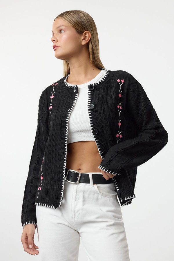 Trendyol Trendyol Black Embroidery Detailed Knitwear Cardigan