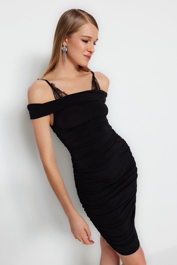 Trendyol Trendyol Black Fitted Knitted Elegant Evening Dress