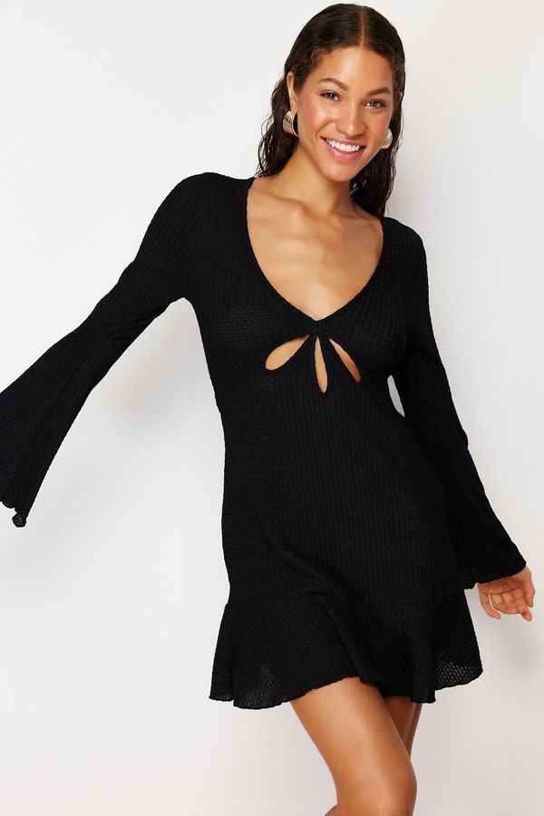 Trendyol Trendyol Black Fitted Mini Knitted Frilly Beach Dress