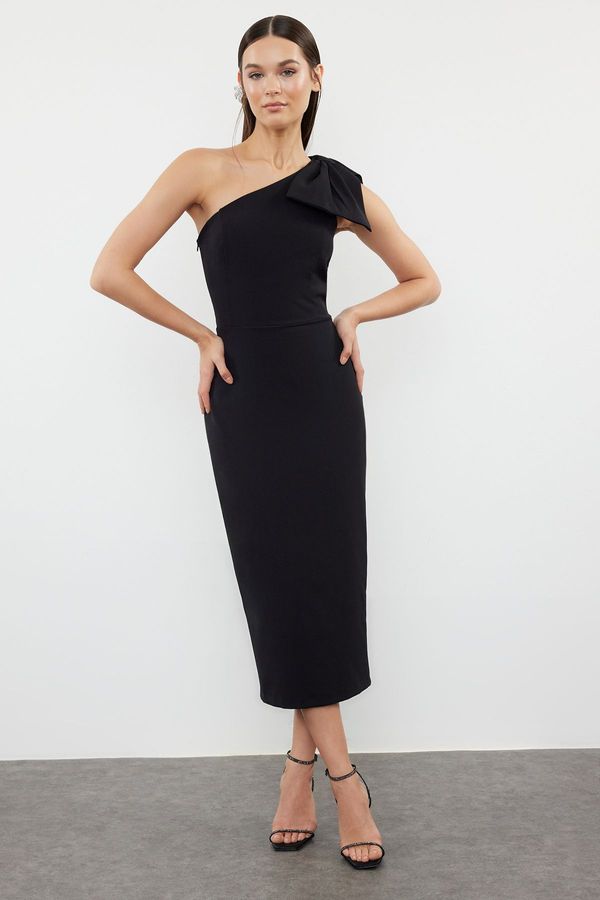 Trendyol Trendyol Black Fitted One-Shoulder Bow Detailed Woven Elegant Evening Dress