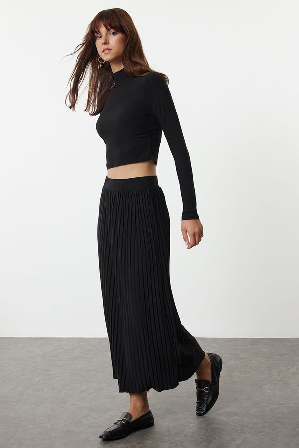 Trendyol Trendyol Black Fitted Pleated Stretchy Knitted Blouse and Skirt Bottom-Top Set