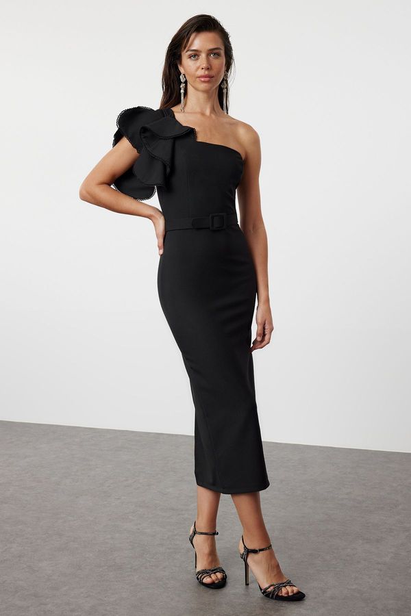 Trendyol Trendyol Black Fitted, Ruffle Detailed One-Shoulder Woven Dress