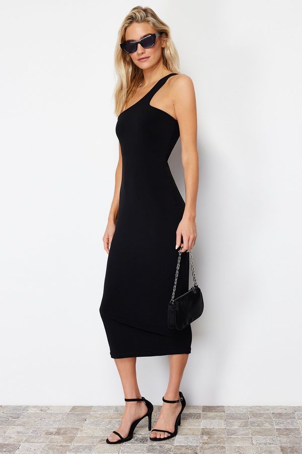 Trendyol Trendyol Black Fitted Single Sleeve Stretchy Knitted Midi Knitted Midi Pencil Dress