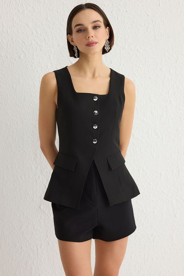 Trendyol Trendyol Black Fitted Square Collar Thick Suspender Vest Waistcoat