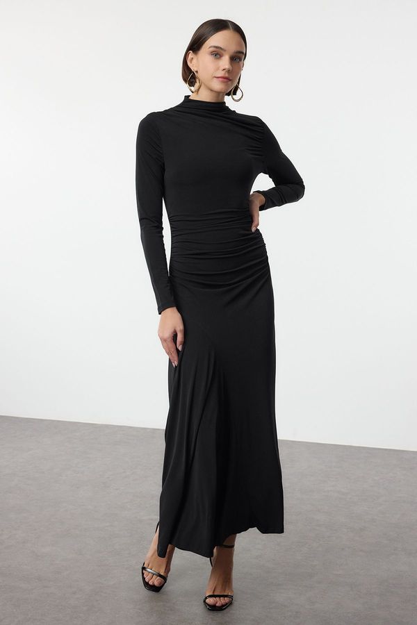 Trendyol Trendyol Black Fitted Stand Collar Long Sleeve Flexible Maxi Knit Dress