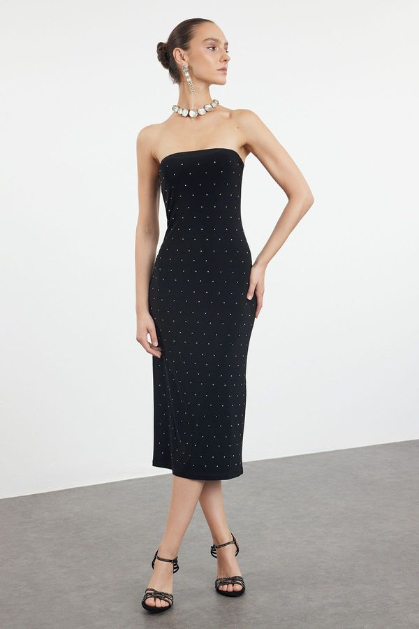 Trendyol Trendyol Black Fitted Stone Printed Knitted Chic Evening Dress