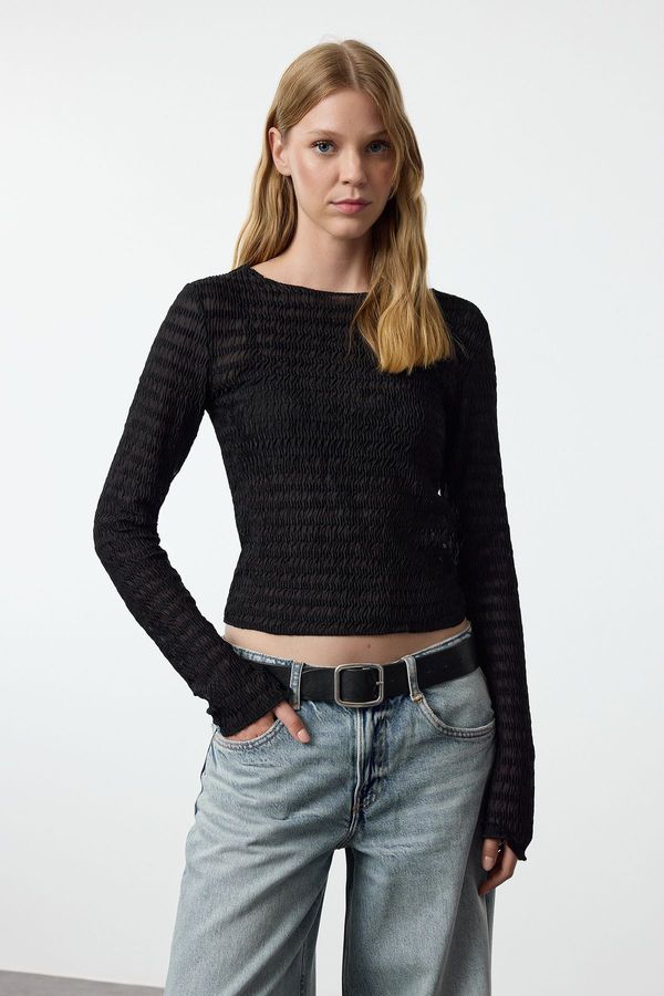 Trendyol Trendyol Black Fitted Textured Tulle Stretchy Knitted Blouse