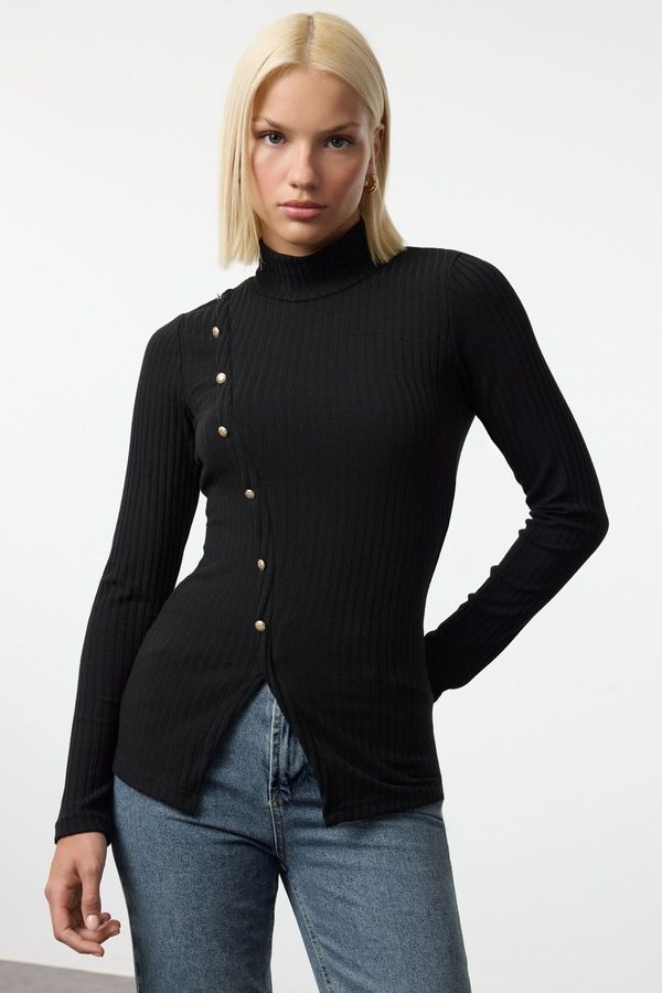 Trendyol Trendyol Black Fitted/Body-Smooth Button Detailed Elastic Knitted Blouse