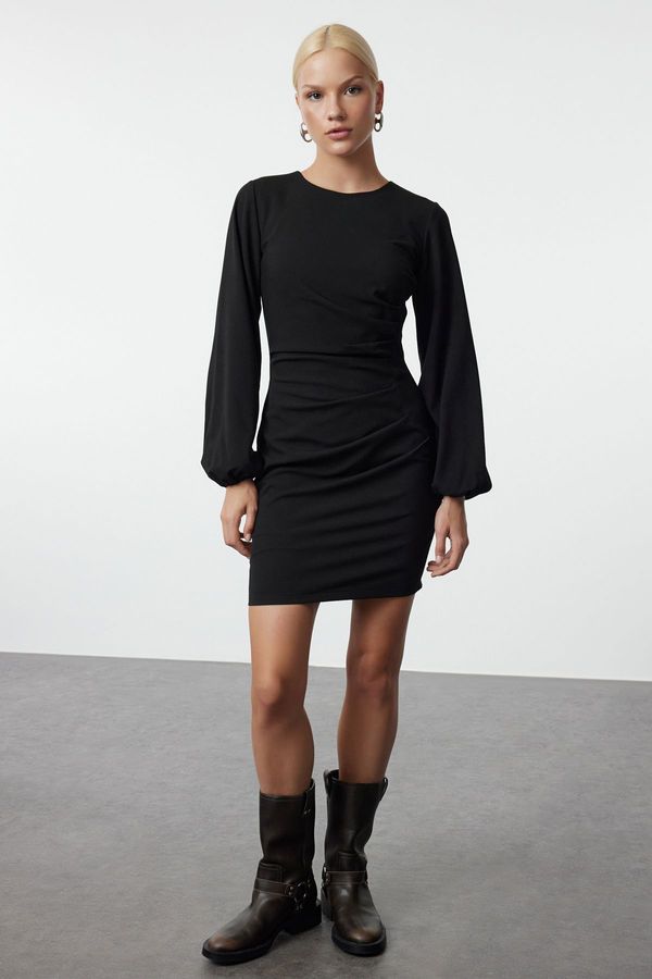 Trendyol Trendyol Black Fitted/Body-Smoothing Drape Detailed Balloon Sleeve Mini Woven Dress