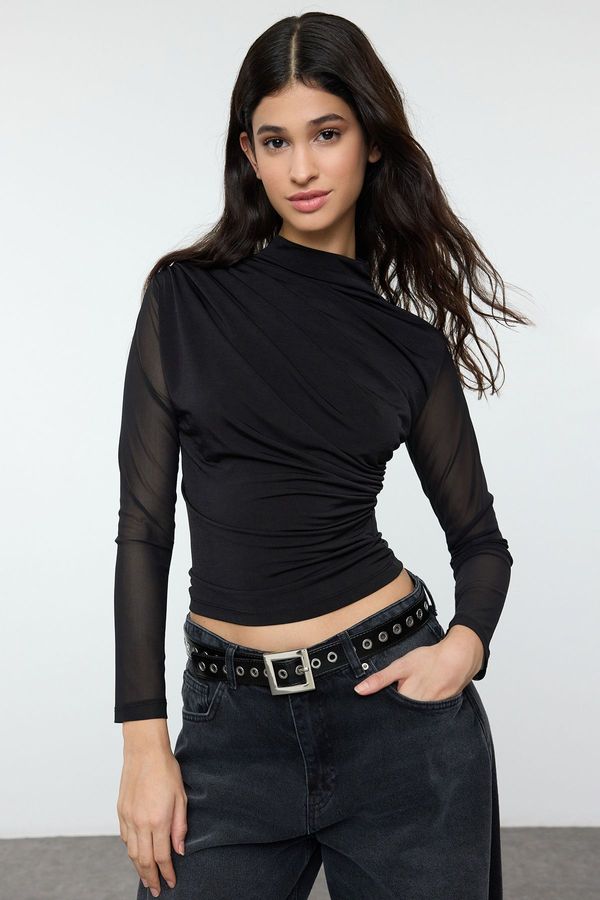 Trendyol Trendyol Black Fitted/Fits the Body Tulle Sleeve Stand Collar Flexible Knitted Blouse