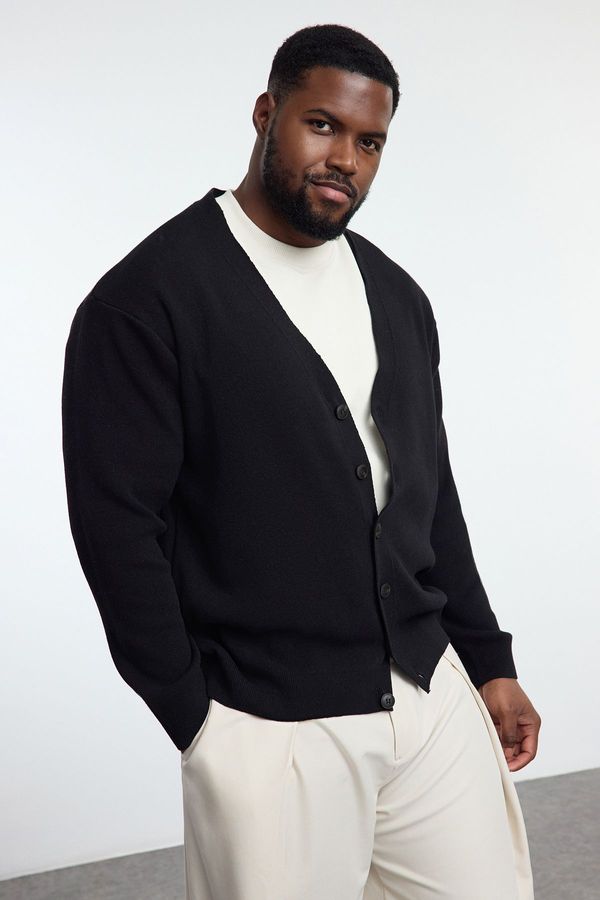 Trendyol Trendyol Black FL Men's Regular Turtleneck Plain Knitwear Plus Size Cardigan