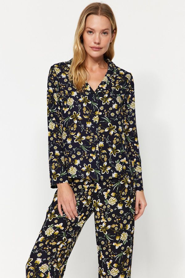 Trendyol Trendyol Black Floral Pattern Viscose Shirt-Pants Woven Pajamas Set