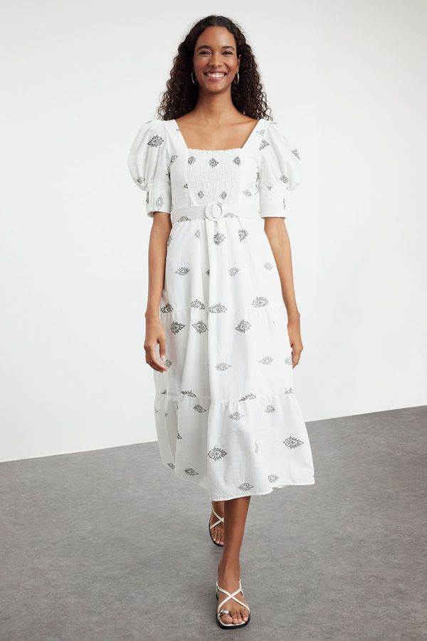 Trendyol Trendyol Black Floral Patterned Square Neckline Linen Look Belted Woven Dress