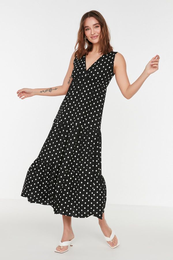 Trendyol Trendyol Black Floral Patterned V-Neck Sleeveless A-Line Maxi Knitted Dress