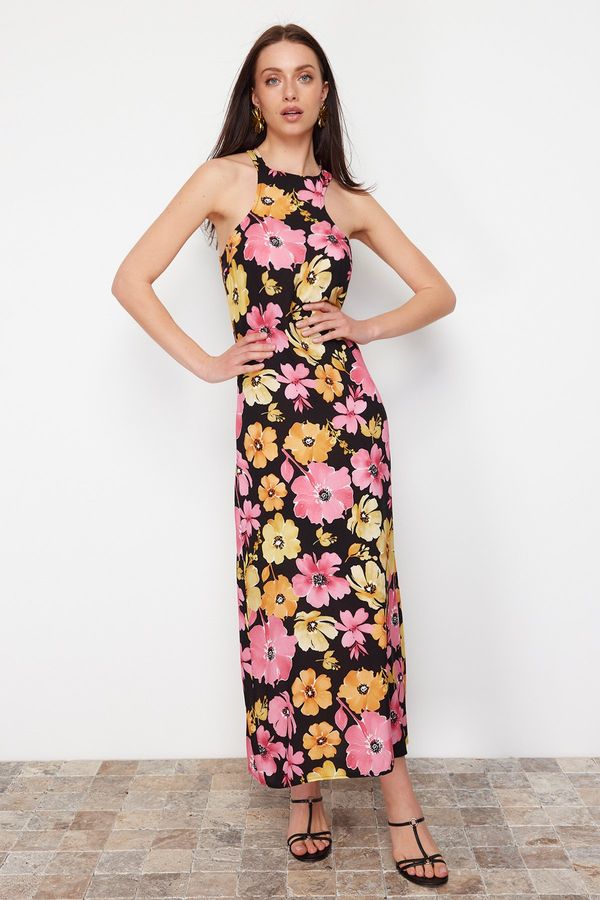 Trendyol Trendyol Black Floral Printed Straight Cut Viscose Maxi Woven Dress