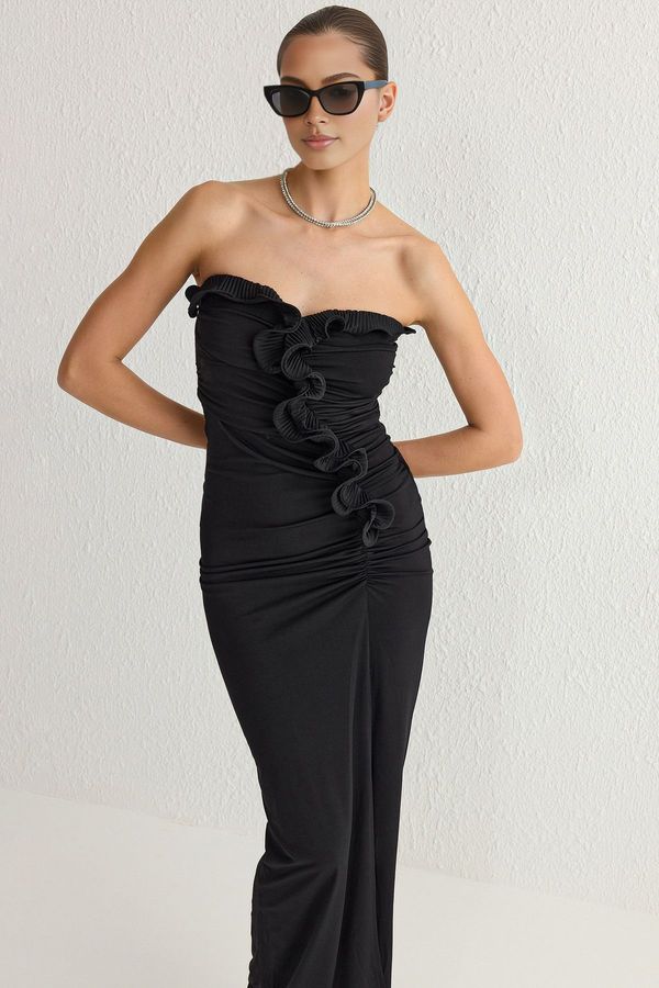 Trendyol Trendyol Black Flounce Detailed Body-Styling Long Elegant Evening Dress