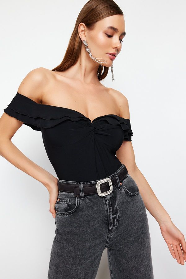 Trendyol Trendyol Black Flounce Detailed Ruffled Stud Knitted Body