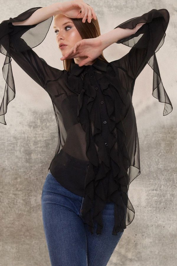 Trendyol Trendyol Black Flounce Woven Chiffon Shirt