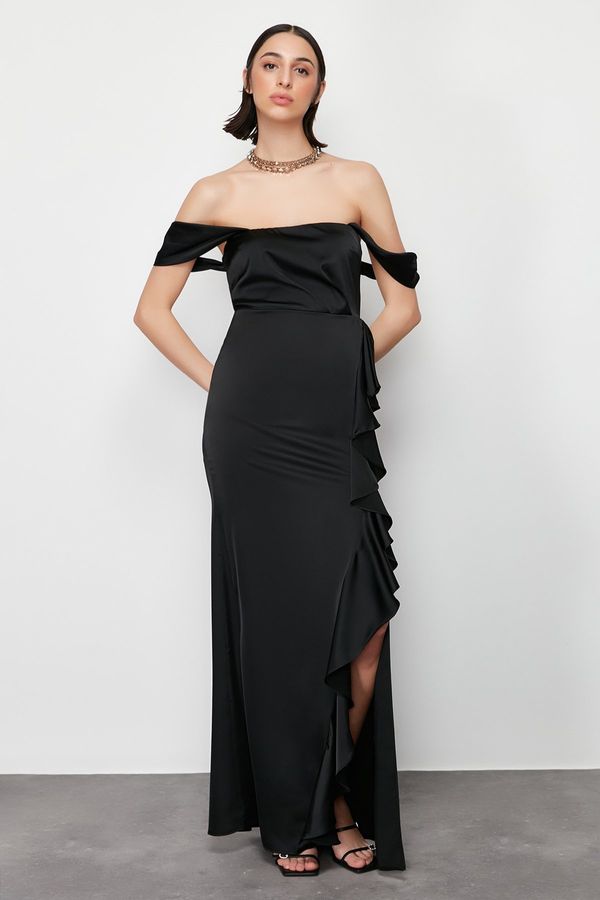 Trendyol Trendyol Black Flounced Satin Long Evening Dress