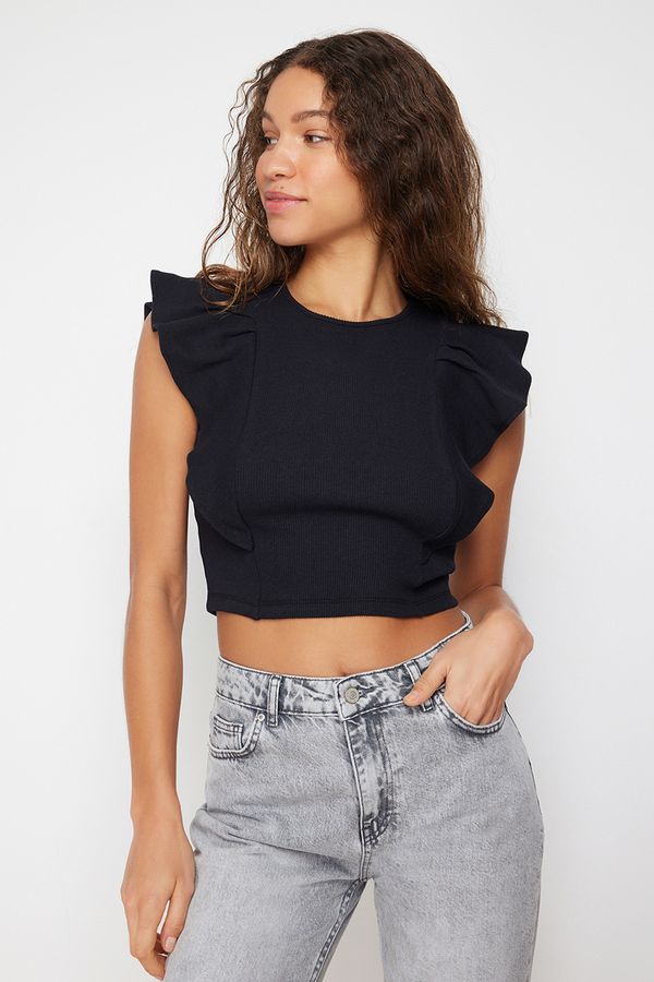 Trendyol Trendyol Black Frilly Sleeves Ribbed Stretchy Crew Neck Crop Knitted Blouse