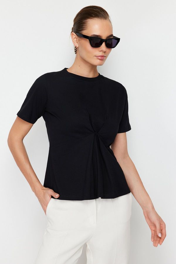 Trendyol Trendyol Black Front Pleat Detail Regular/Regular Fit Crew Neck Knitted Blouse