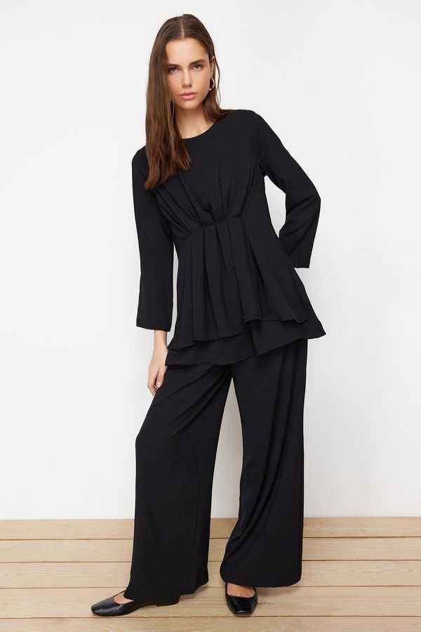 Trendyol Trendyol Black Gathered Aerobin Tunic Trousers Woven Bottom Top Set