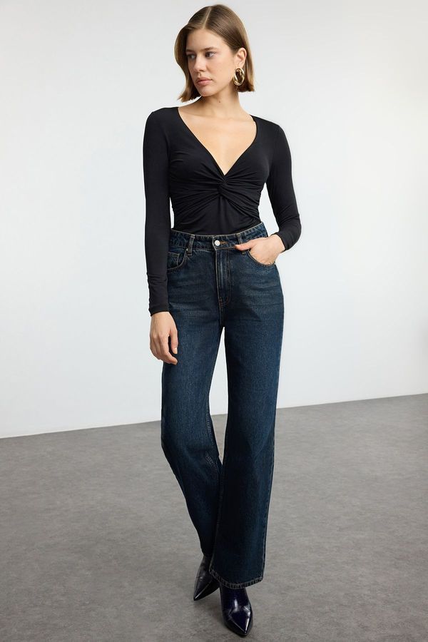 Trendyol Trendyol Black Gathered/Drape Detailed Fitted/Body-Smoothing Long Sleeve Flexible Knitted Blouse