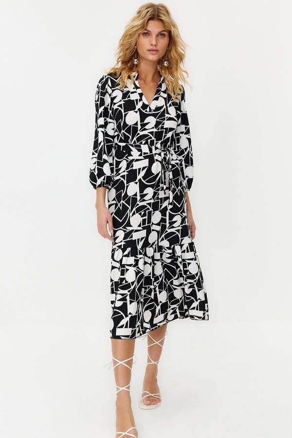 Trendyol Trendyol Black Geometric Patterned Three-quarter Sleeve V-Neck Midi Length Knitted Dress