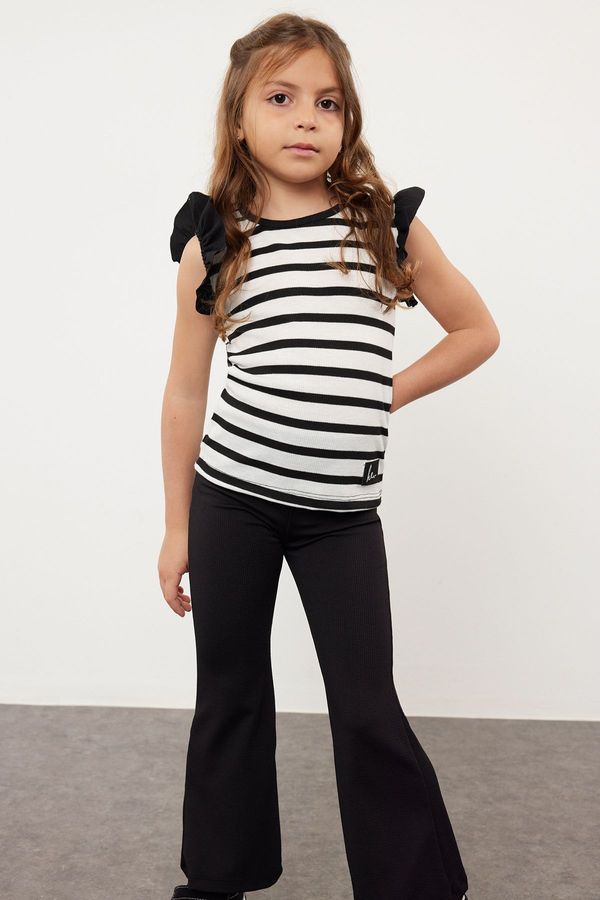 Trendyol Trendyol Black Girl Striped Ruffle Detailed Knitted T-Shirt