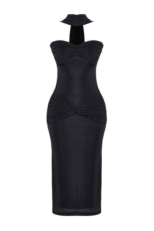 Trendyol Trendyol Black Glitter Knitted Neck Tie Detail Dress