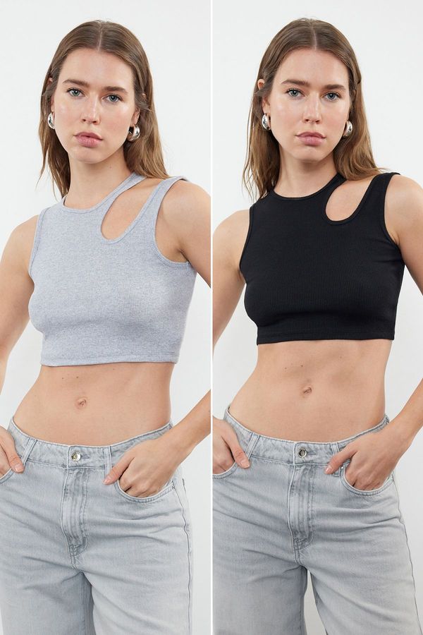 Trendyol Trendyol Black-gray melange 2-Pack Cut Out Detailed Fitted Crop Ribbed Flexible Knitted Undershirt