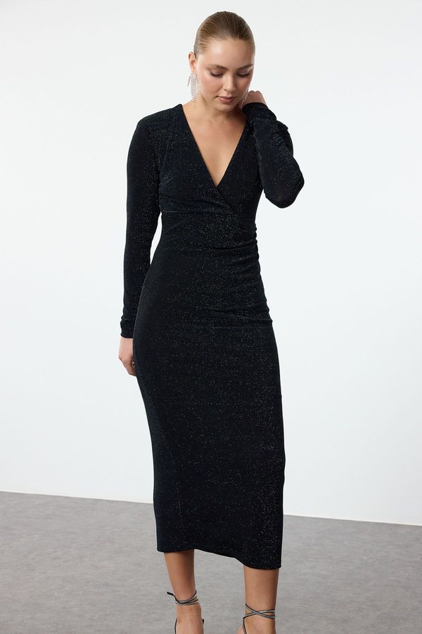 Trendyol Trendyol Black-Green Body-Smooth V-Neck Glittery Knitted Dress