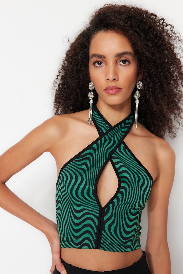 Trendyol Trendyol Black-Green Crop Knitted Window/Cut Out Detailed Animal Print Bustier