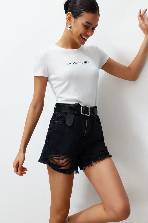 Trendyol Trendyol Black High Waist Ripped Denim Shorts