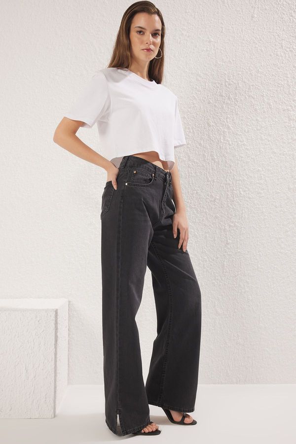 Trendyol Trendyol Black High Waist Wide Leg Jeans with Slit Legs