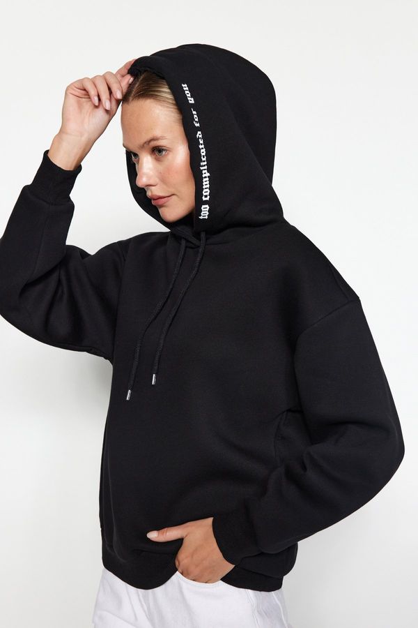 Trendyol Trendyol Black Hood Slogan Printed Oversize/Wide-Fit Knitted Sweatshirt